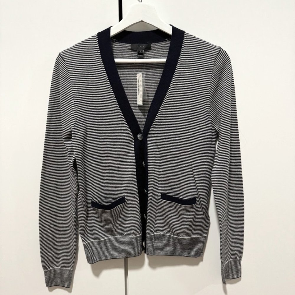 NWT Jcrew 100% merino wool cardigan black/white stripe size S